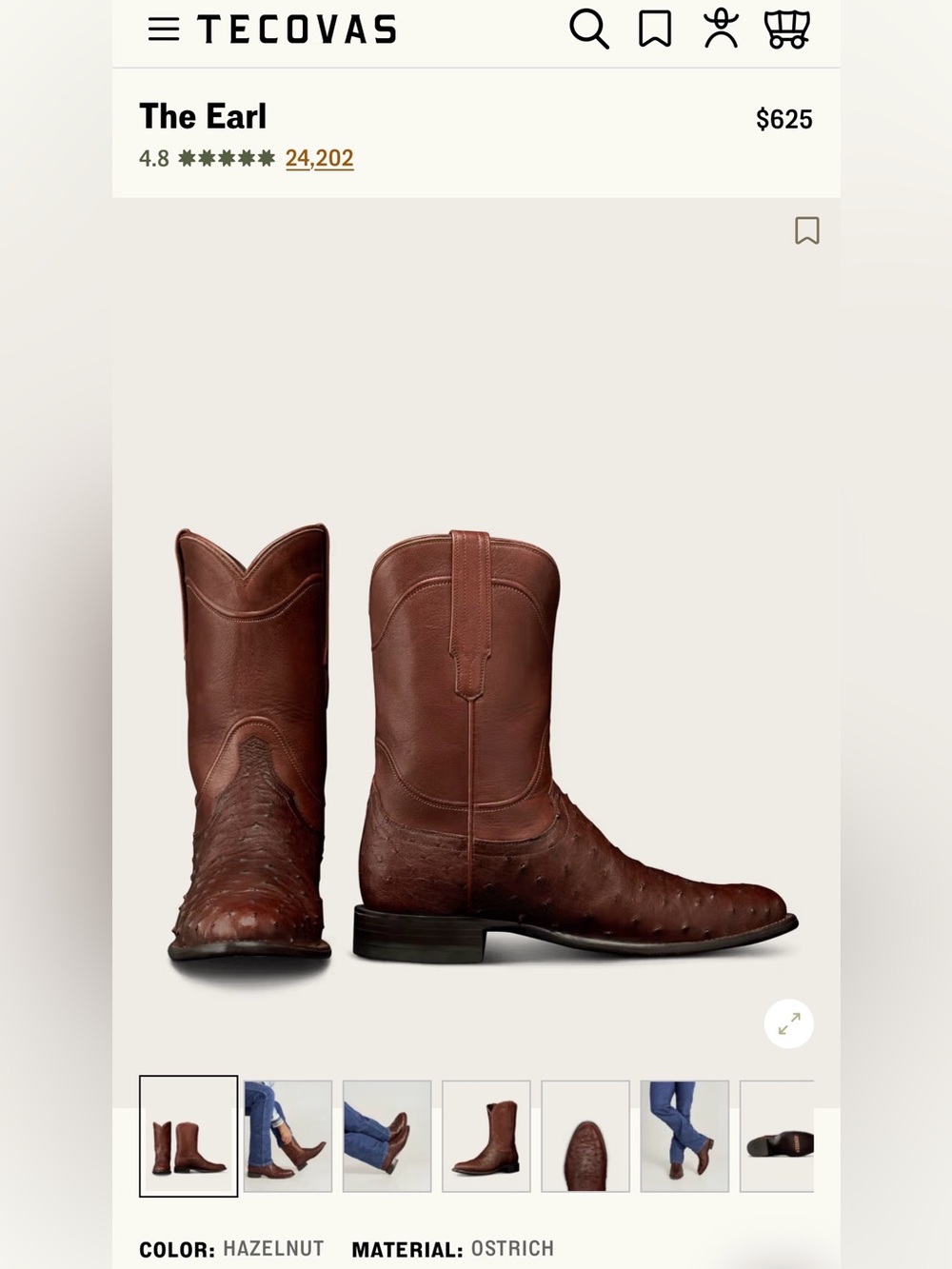 NWOB - Men’s TECOVAS The Earl Hazelnut Ostrich Roper Boots Size 8 1/2 D + Bags